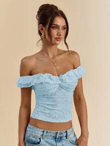 SHEIN BAE Women's White Textured Knit Off-Shoulder Ruffle Front Twist Bodycon Top, Summer Blouse - Baby Blue - View 7