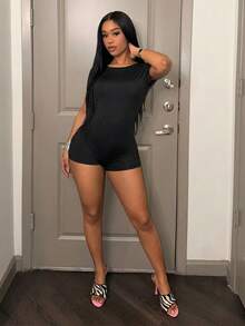Slaydiva Women's Black Summer Gym Bodysuit, Backless Short Sleeve Slim Fit Jumpsuit,Y2K Street Sweet Cow Boy Style,Round Neck Sporty Tight Pant Romper - Black - View 4