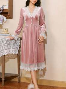 Elegant French Lace Long Sleeve Nightgown, Charming Women's Sleepwear, Autumn - Baby Pink - View 3