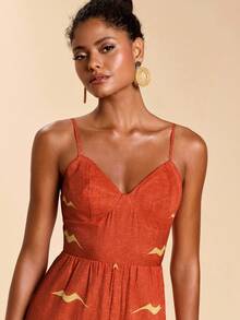 Travachic Women's Boho Orange Palm Print Spaghetti Strap Long Jumpsuit Woven Fabric Sleeveless Summer Style - Orange - View 7
