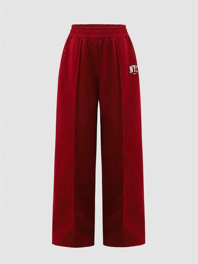 SHEIN Casuvi Kids 少女休闲运动裤，简约logo图案撞色口袋装饰连帽针织慢跑裤，宽松阔腿长裤