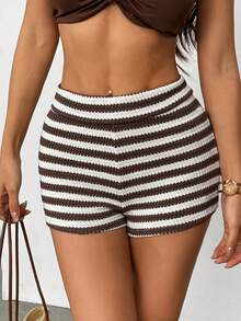 SHEIN PETITE 女士条纹弹力腰紧身休闲短裤，返校季女生穿搭，外出上衣，节日穿搭 - 咖啡棕 - 查看 12