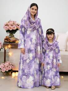 SHEIN 少女V领碎花休闲连衣裙配围巾 - 紫色 - 查看 4