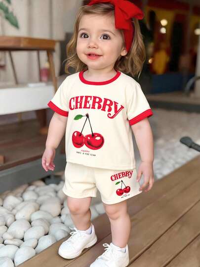 Baby Girls Sweet Cherry Print Crew Neck Short Sleeve T-Shirt And Shorts Set, Fashionable Outfit For Parties And Gatherings, Lightweight And Comfortable For Spring/Summer