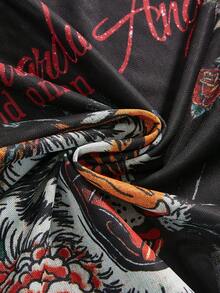 ROMWE Avant Y2K Retro Tiger Vine Faux Tattoo Print Slim Fit Mesh Top - Black - View 4