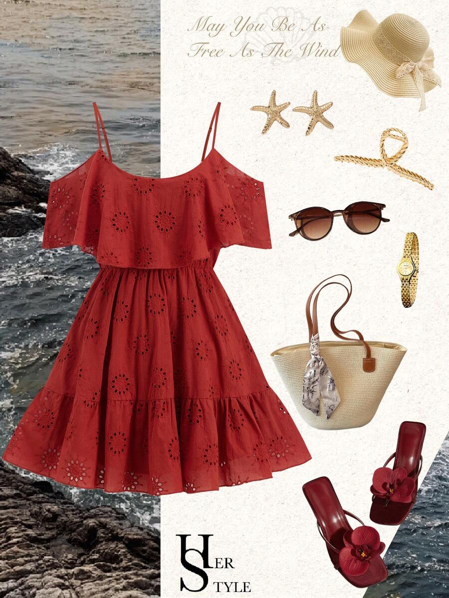 Ellevyn Women's Boho Red Embroidery Mini Dress A Line Flounce Ruffle Hem Spaghetti Strap Cold Shoulder Sleeveless - Red - View 1