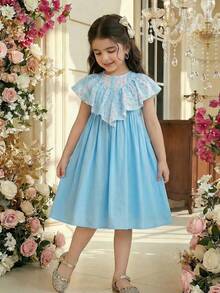 SHEIN Young Girl Casual Ruffle Embroidered Dress - Blue - View 6