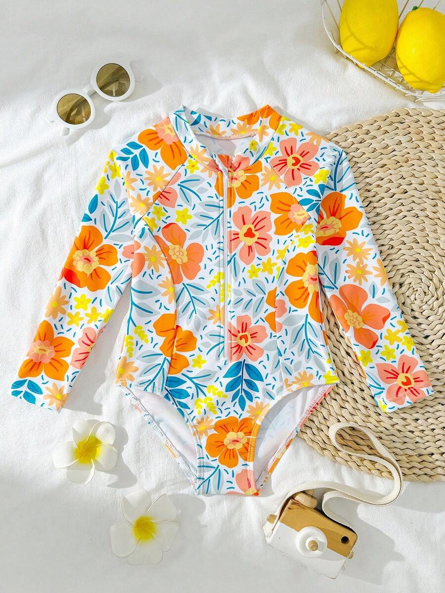 Young Girl Floral Print Raglan Long Sleeve Rash Guard One-Piece Swimsuit,Front Zipper UV Protection Bathing Suit For Summer,Beach,Holiday,Pool Party - Yellow - View 1