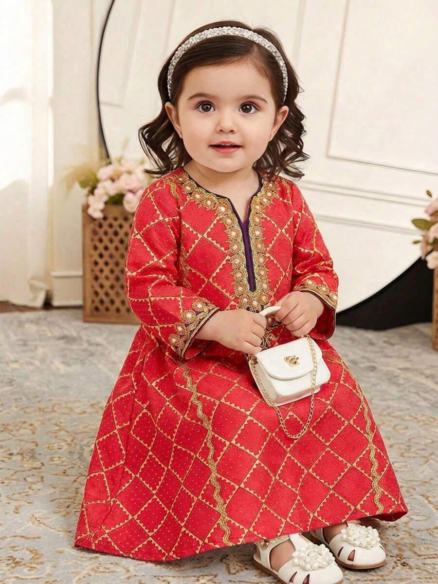 Baby Girl Loose Casual Minimalist Long Sleeve Pattern Long Dress - Multicolor - View 1