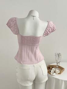 Elamini Women's Pink Striped Square Collar Puff Sleeve Blouse - Pink - View 2