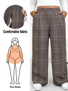 SHEIN PETITE CURVE Plus Size Casual Plaid Straight Leg Pants Curve Pants, Daily Life, Commuting, Parties, Graduation, Office, Dating, Spring, Going Out, Casual For Women - Multicolor - View 7
