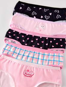 10pcs Girls' Heart & Plaid Graphic Allover Print Cute Cartoon Panties Set - Multicolor - View 4
