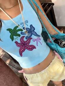 Sundraya 度假休闲红色唇印修身露脐背心 - 彩色 - 查看 1