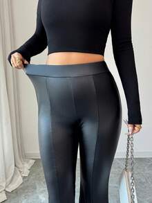 Elenzga 女士秋季时尚撞色蕾丝喇叭裤脚打底裤 - 黑色 - 查看 5