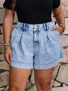EMERY ROSE Plus Size Women Casual Loose Light Wash Denim Shorts With Pockets - Light Wash - View 7