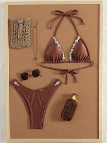 Swim Chiccia Elegant Coffee Brown Bikini Set,Shiny Luminous Two Pieces Swimwear With Hand-Embroidered Button Shell,Summer Casual Beach Vacation Holiday Outfit - Brown - View 4