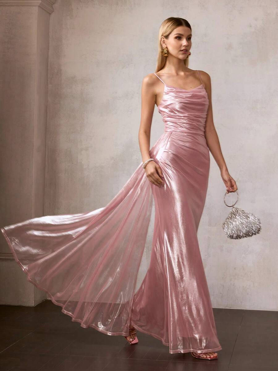 MOTF Soiréza VESTIDO ELEGANTE DE MUJER CON TIRANTES FINOS TIPO MAXI DE MALLA BRILLANTE - DRAPEADO ASIMÉTRICO EN EL COSTADO Y CORTE SIRENA AJUSTADO CON CREMALLERA TRASERA | IDEAL PARA FIESTAS, GALAS, AÑO NUEVO Y EVENTOS FORMALES