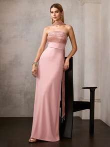 MOTF Soiréza 优雅修身无肩带长款派对礼服 – 可拆卸领子，胸前褶皱鸡尾酒裙 | 适合婚礼、晚宴和新年夜等场合，女士之选 - 粉色 - 查看 6