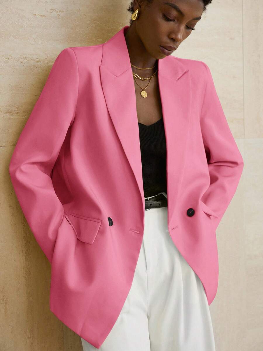 Aveloria Modichic Women's Business Style Solid Color Double-Breasted Blazer Jacket For Commuting, Autumn  - Pink - View 1