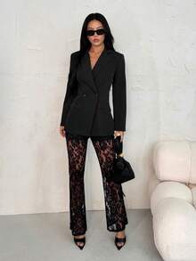 SHEIN PETITE 女士优雅宽松双排扣长袖西装外套和喇叭蕾丝裤套装，春秋季黑色套装 - 黑色 - 查看 5