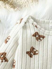 SHEIN 2pcs/Set Newborn Baby Boy Ribbed Fabric Bear Print Long Sleeve Romper With 3D Bear Ear Hat Set Baby Romper Baby Bear Outfit Neutral Baby Clothes Unisex Baby Boy Rompers - White - View 5