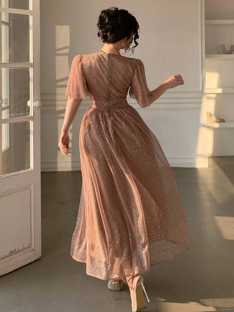 Women's Elegant Sequin V-Neck Ruffle Sleeve Drawstring Dress, Summer Wedding Guest Dress Sparkly Dress Maxi Dress Sundress