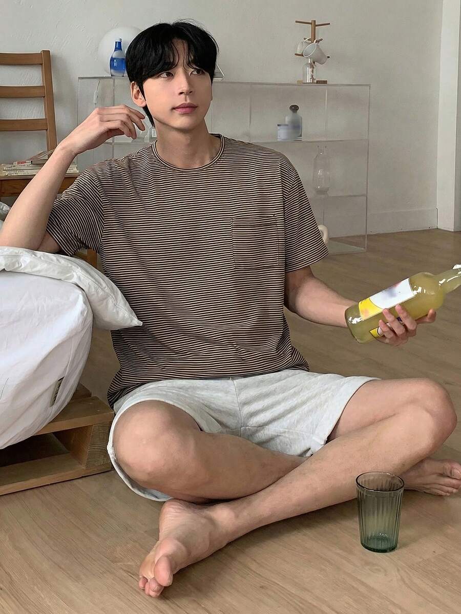 DAZY Men's Striped Short Sleeve T-Shirt And Shorts Pajama Set, Summer - Multicolor - View 1