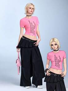ROMWE J-Fashion Camiseta de mujer de manga corta con cuello redondo y estampado de eslogan casual, versátil para ir al trabajo y salidas - Rosa Fucsia - Ver 1