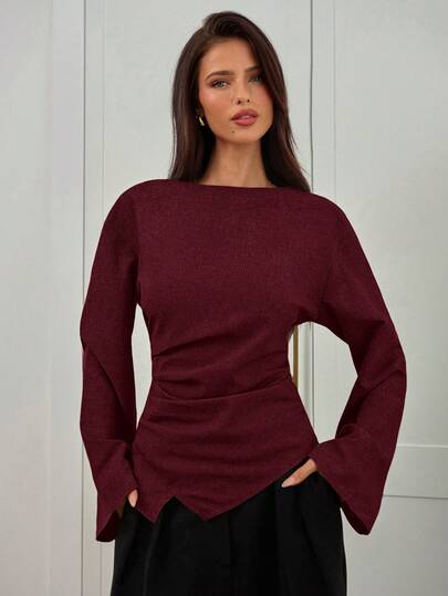 Aloruh Women's Autumn/Winter New Stylish Commuter Waist Ruched Asymmetric Hem Long Flare Sleeve V-Neck Pullover Blouse