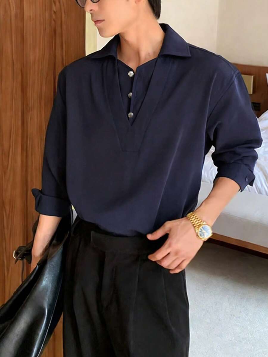 Manfinity Dauomo 男士纯色纽扣半开襟休闲百搭通勤长袖衬衫 - 白色 - 查看 1