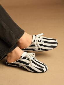 Rosivie 女士条纹系带休闲时尚平底鞋 - 黑色 - 查看 1