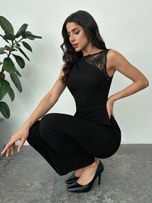 Firerie Women's New Sexy & Elegant Commuter Black Lace Patchwork Sleeveless Slim Fit Jumpsuit With Side Pockets - Black - View 7