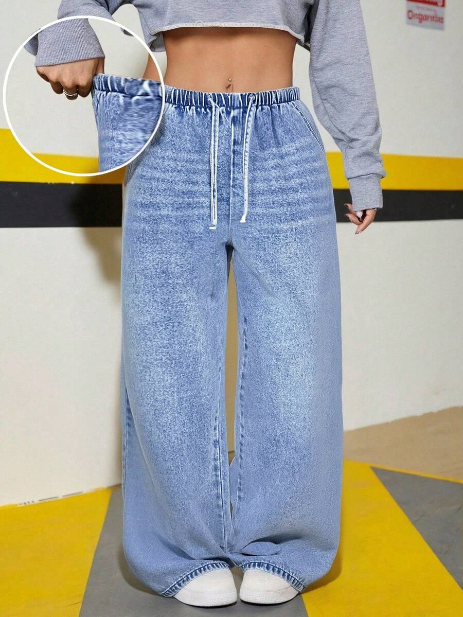 SHEIN Teenager Mädchen Y2K Frühling Sommer leicht gewaschene Jeans mit Tunnelzug Taille, Taschen, vielseitig für den täglichen Gebrauch, weite Beine - Helle Waschung - Übersicht 1