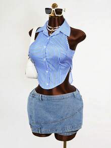 Spring And Summer Back Tie Bow-Knot Casual Design Sense Shirt - Blue and White - View 4