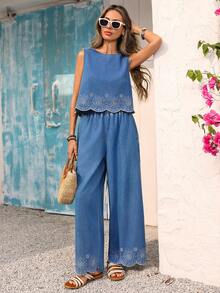 Vivid Eden 女士花卉刺绣松紧腰带口袋阔腿休闲牛仔裤 - 淺色水洗藍 - 查看 2