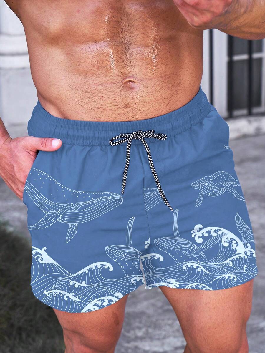 Manfinity Swimmode Men's Wave Print Drawstring Waist Pocket Beach Shorts