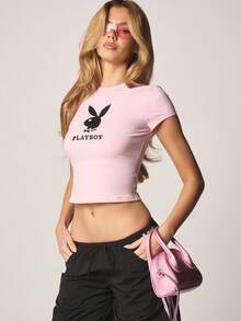 Missguided x Playboy 兔子图案印花修身短袖圆领夏季休闲T恤 - 粉色 - 查看 1