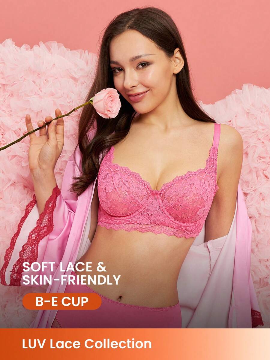 LUVLETTE Woman Lingerie Lounge Curve Balconette Push Up & Breathable Underwire Sexy Unlined Pink Lace Elegance Minimizer Bra Bridal Intimates Romantic Valentine's Day Gifts Bra - Watermelon Pink - View 1