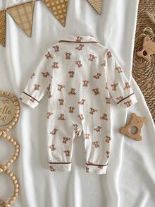 Loomiva 新生女宝宝卡通动物图案针织柔软领长袖连体衣套装 - 卡其色 - 查看 2