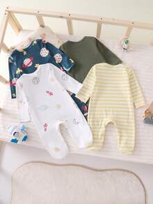 4件套新生儿简约印花长袖连体睡衣套装 - 彩色 - 查看 2
