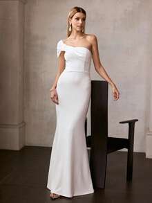 MOTF Soiréza WOMEN'S ELEGANT ONE SHOULDER MAXI FORM-FITTING KNIT MERMAID HEM DRESS, PERFECT FOR WEDDINGS, GALAS & FESTIVE EVENINGS - White - View 6