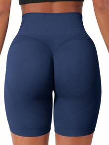 Easithlete Solid Color High Waist Seamless Elastic Sports Shorts - Multicolor - View 6