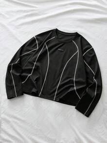 AXEPEAK Men's Contrast Stitching Casual Versatile Crew Neck Long Sleeve T-Shirt - Black - View 8