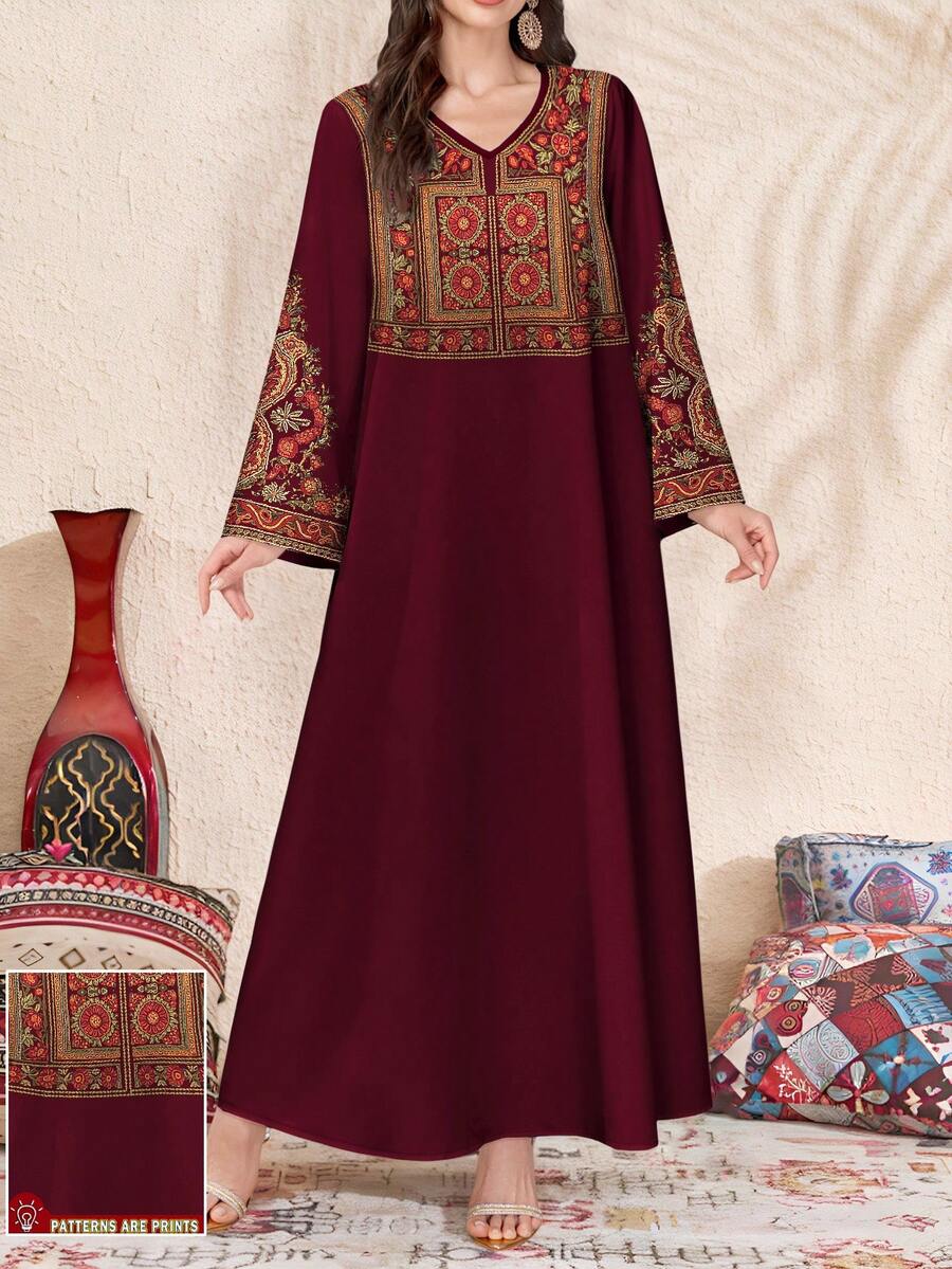 SHEIN Najma Women's Elegant Floral Digital Print V-Neck Long Sleeve Arabic Style Dress, Spring/Summer - Multicolor - View 1