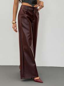 SHEIN Tall 女士纯色PU皮革口袋阔腿宽松裤 - 棕色 - 查看 10