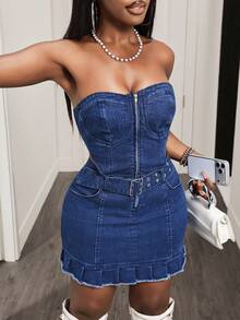 Slaydiva 女士夏季休闲时尚街头风荷叶边下摆半拉链前扣腰带抹胸牛仔连衣裙 - 藍色 - 查看 6