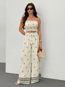 SHEIN Tall Women's Vacation Clashing Print Elegant Casual Stretchy Slimming Shirred Top Wide Leg Pants Set Tube Top And Pants Set Women Summer Clothes Women Two Pieces Outfits Vacation Outfits Woman Vacation Two Pieces Set Boho Women Clothing Flower Bohemian Vacation Outfits Woman Skirt Set Two Piece Outfits Women Maxi Skirt Two Piece Set Yamuna Cruise Summer 2 Piece Sets Woman Strapless Top And Skirt Set - Beige - View 5