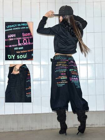 Grunge Punk Jeans a vita alta e gamba ampia, con stampa di slogan colorati e stile retrò sexy, vestibilità rilassata, in stile Y2K