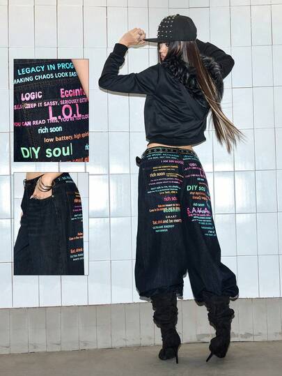 Grunge Punk Jeans de pierna ancha con ajuste relajado, estampado de eslogan colorido y sexy, estilo retro Y2K