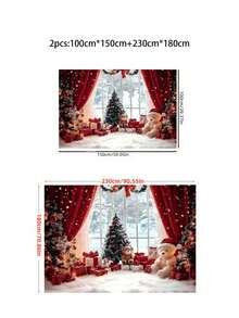 1Pc,2pcs 2D Flat Christmas Happy Background Banner, Featuring A Fairy-Tale Style Snowman Background, With Red Curtains, Christmas Trees, Teddy Bears And Gift Patterns ,Christmas Decorations - Multicolor - View 2